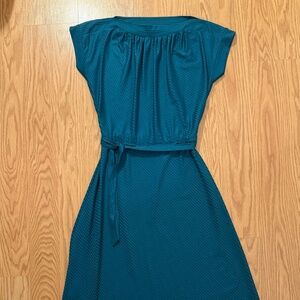 VTG Medium 80s Turquoise Textured Boat Neck Short Sleeved A-Line Midi Dress